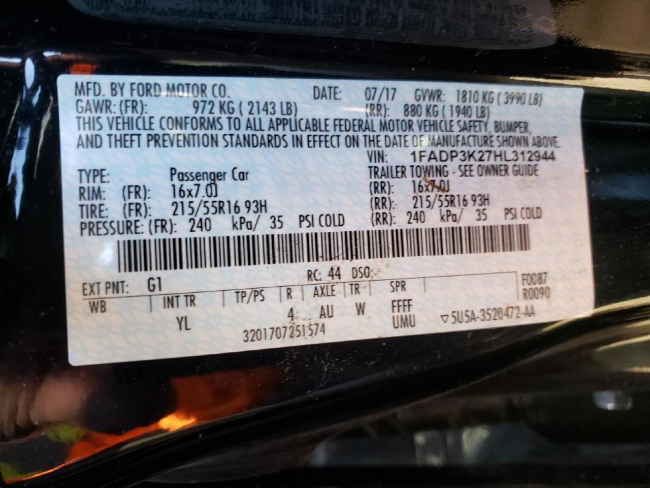 Photo 10 from auction – 2017 FORD FOCUS SE with VIN 1FADP3K27HL312944