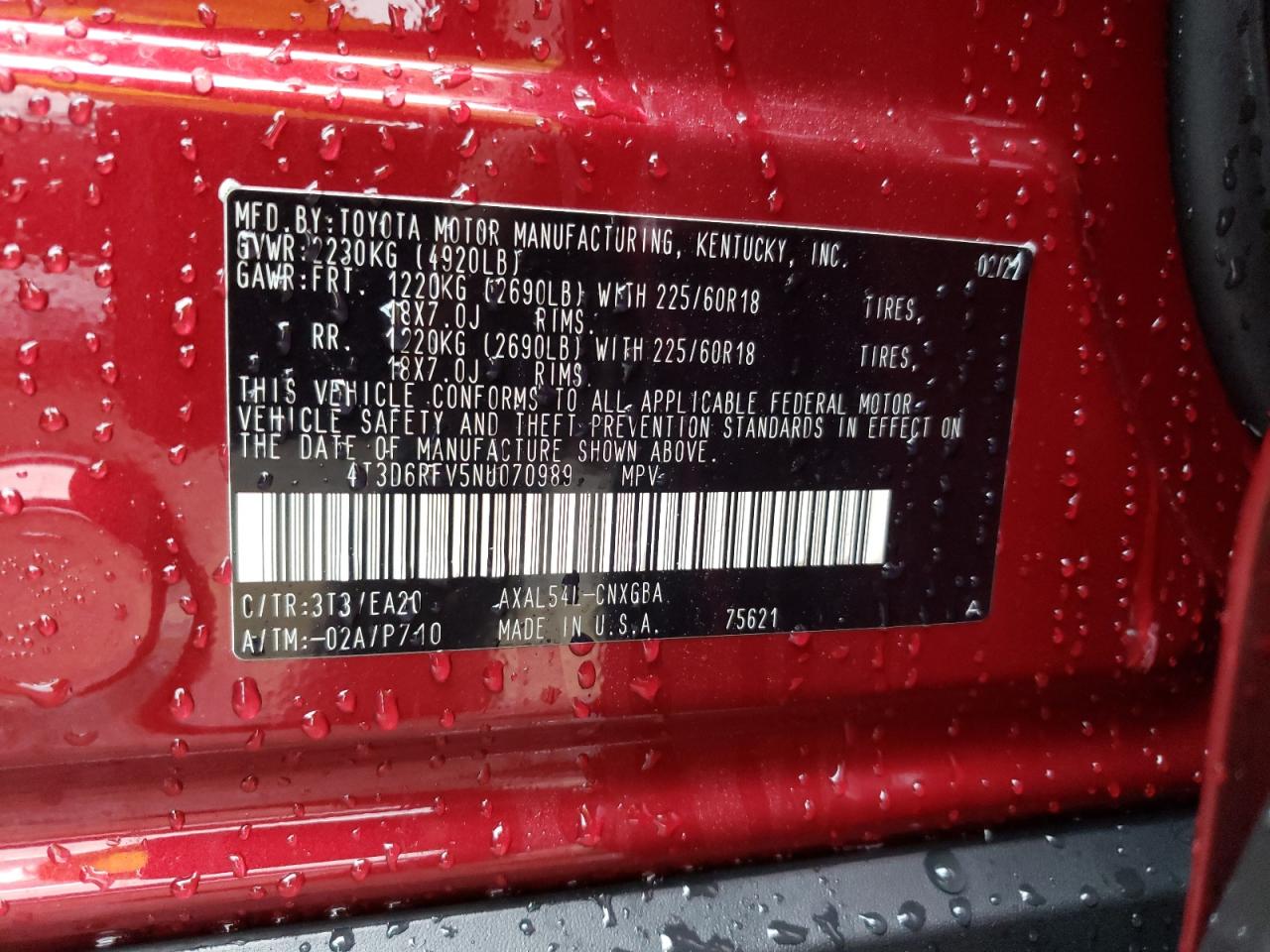 Photo 10 from auction – 2022 TOYOTA RAV4 HYBRI with VIN 4T3D6RFV5NU070989