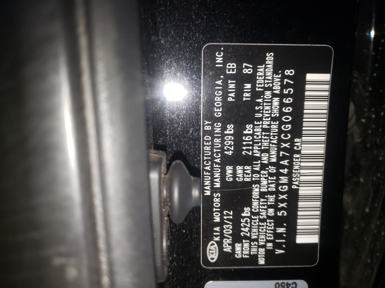Photo 10 from auction – 2012 KIA OPTIMA LX with VIN 5XXGM4A7XCG066578