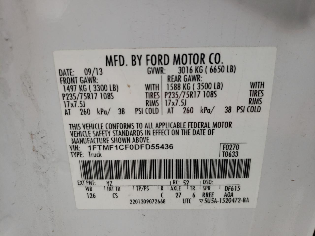 Photo 10 from auction – 2013 FORD F150 with VIN 1FTMF1CF0DFD55436