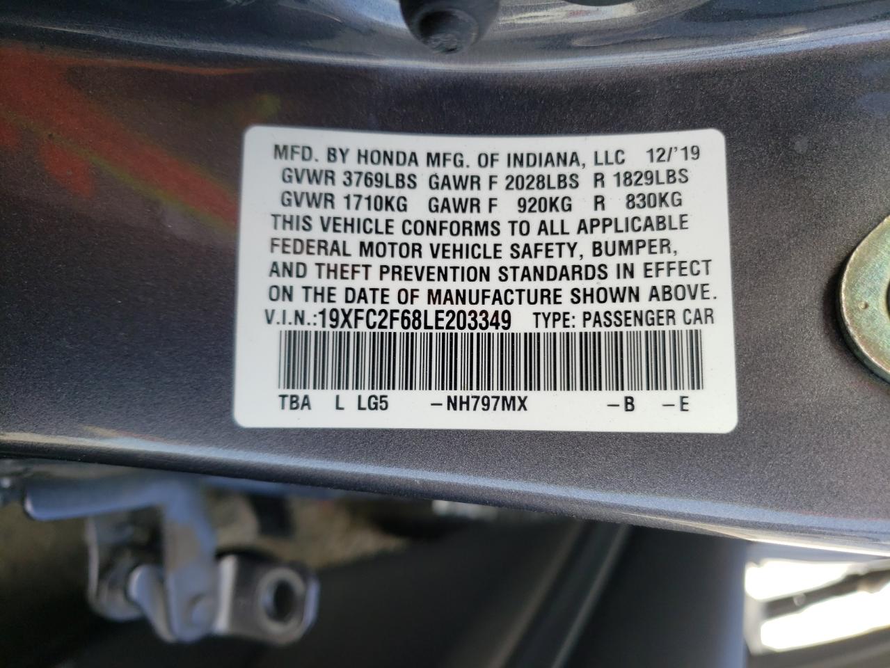 Photo 10 from auction – 2020 HONDA CIVIC LX with VIN 19XFC2F68LE203349