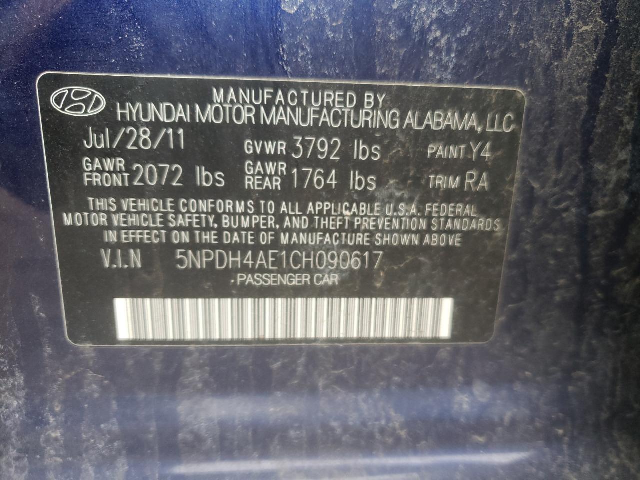 Photo 10 from auction – 2012 HYUNDAI ELANTRA with VIN 5NPDH4AE1CH090617