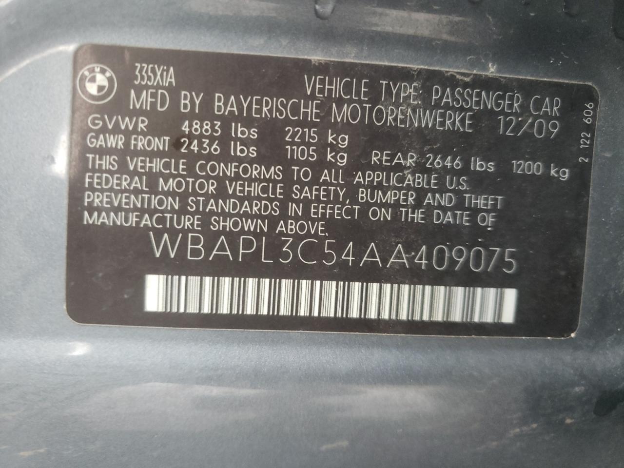 Photo 10 from auction – 2010 BMW 335 XI with VIN WBAPL3C54AA409075