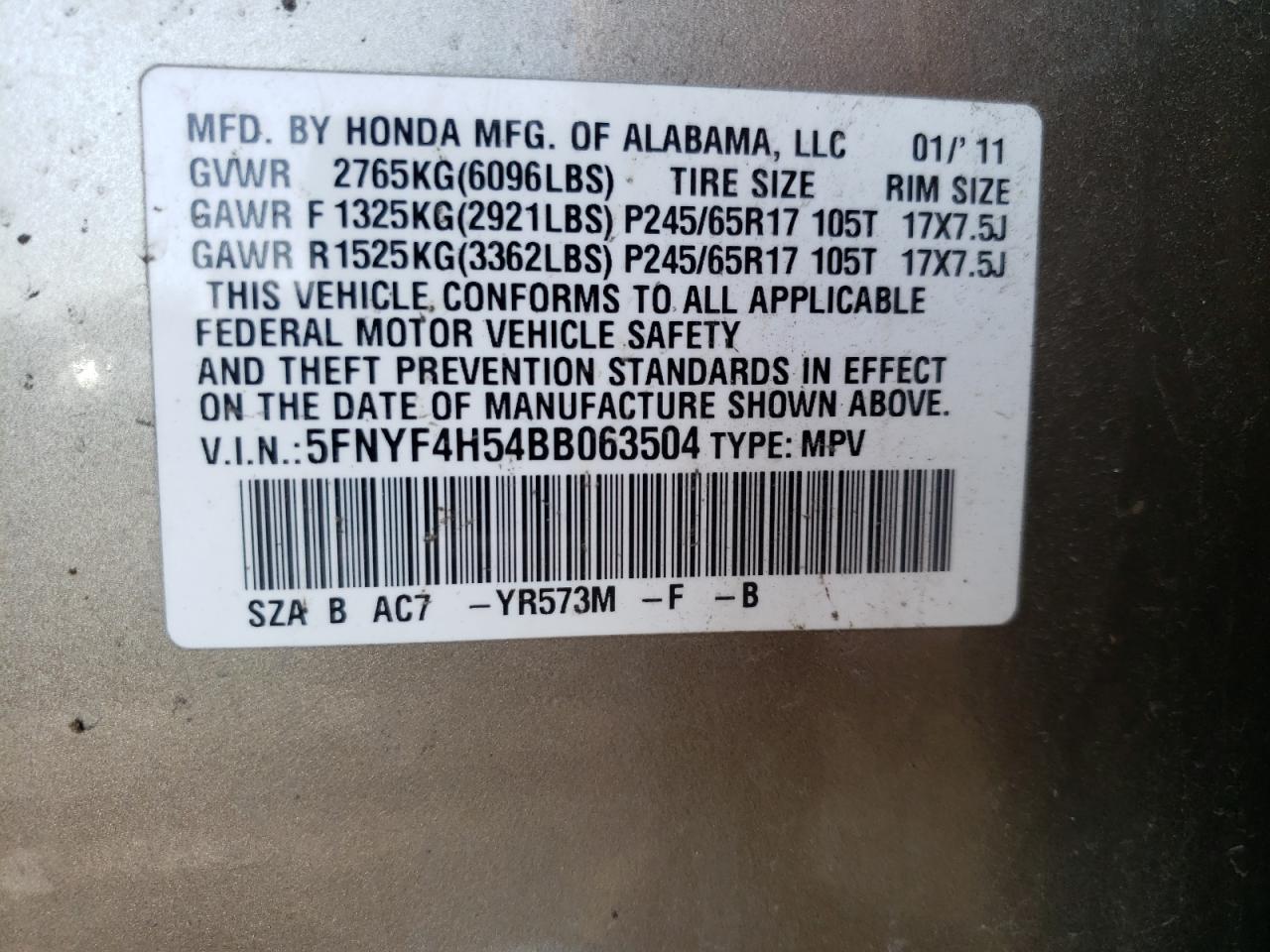 Photo 10 from auction – 2011 HONDA PILOT EXL with VIN 5FNYF4H54BB063504