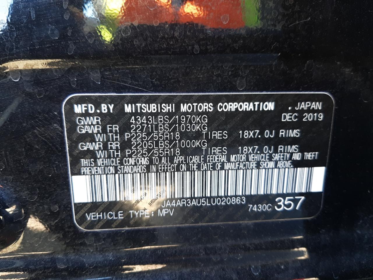Photo 10 from auction – 2020 MITSUBISHI OUTLANDER with VIN JA4AR3AU5LU020863