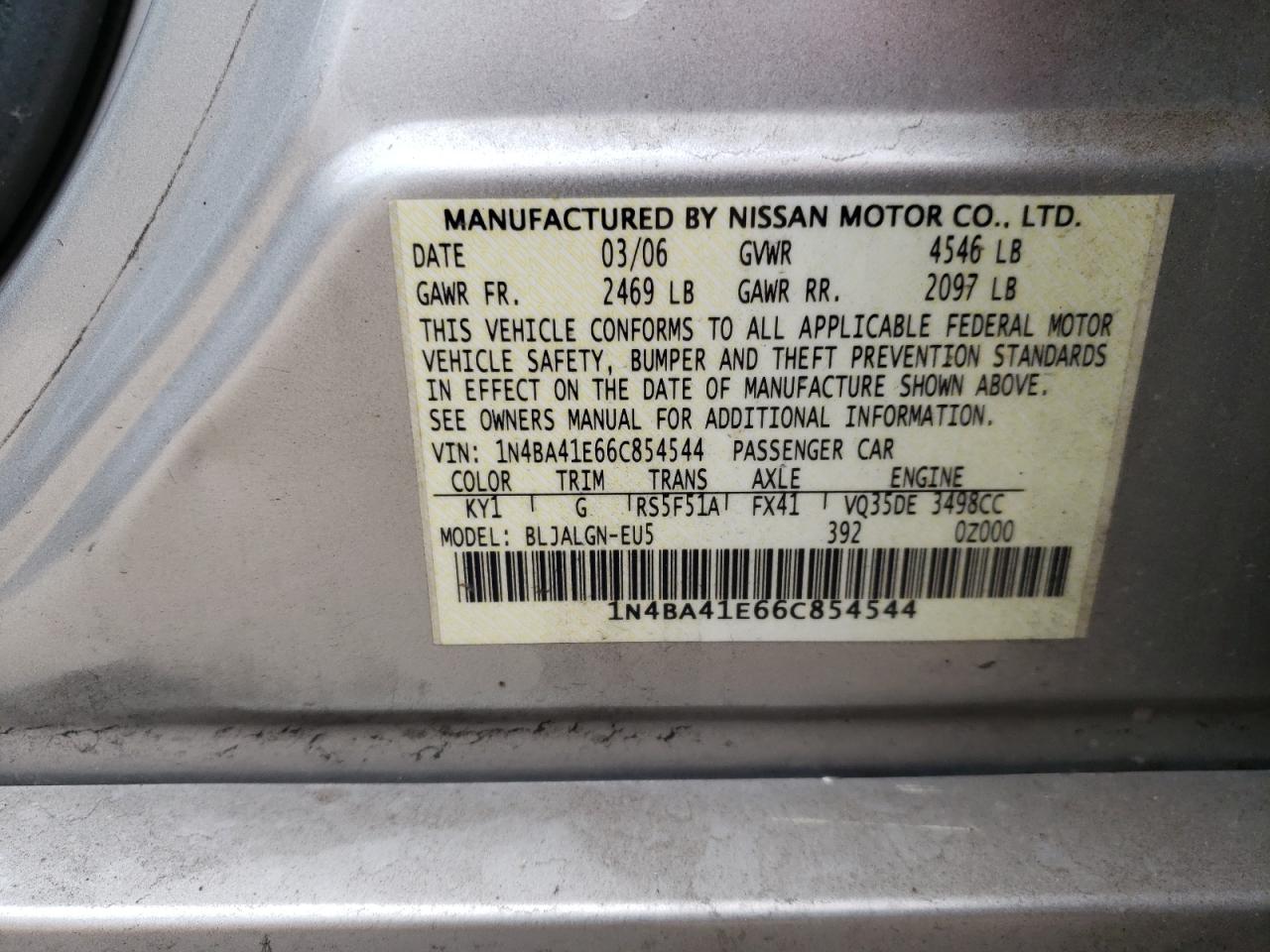 Photo 10 from auction – 2006 NISSAN MAXIMA SE with VIN 1N4BA41E66C854544