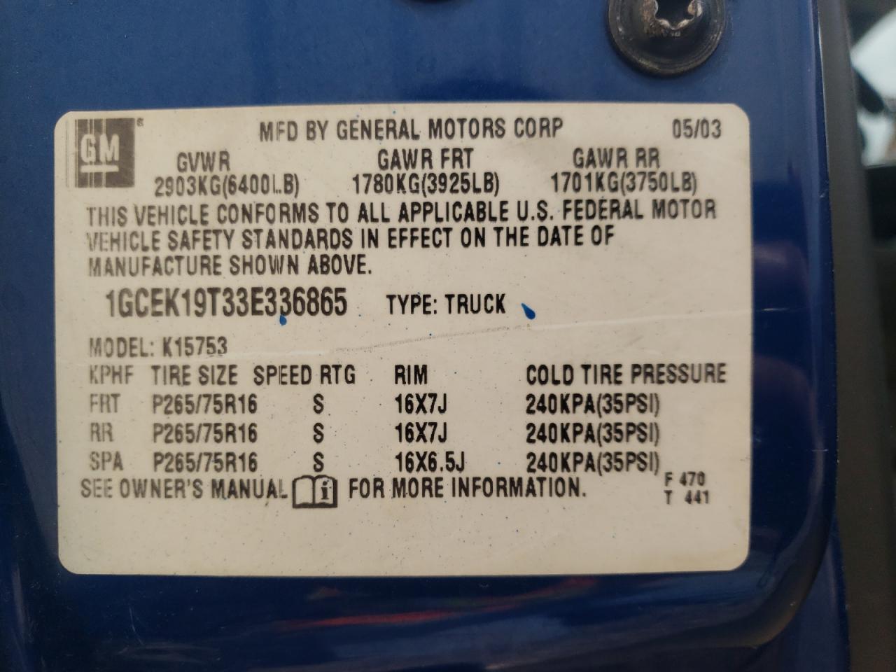 Photo 10 from auction – 2003 CHEVROLET SILVERADO with VIN 1GCEK19T33E336865