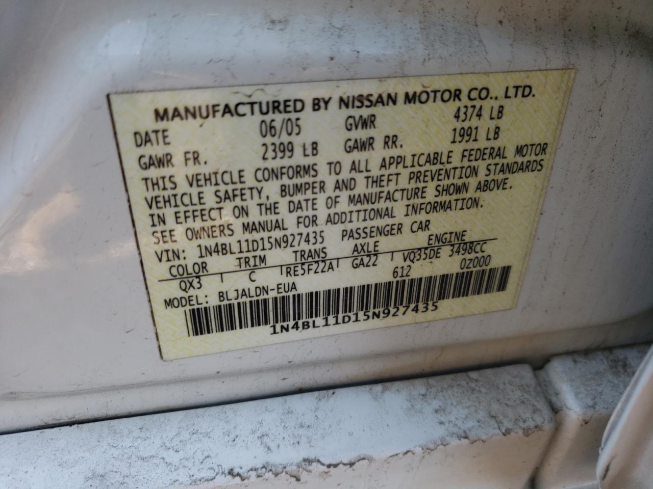 Photo 10 from auction – 2005 NISSAN ALTIMA SE with VIN 1N4BL11D15N927435