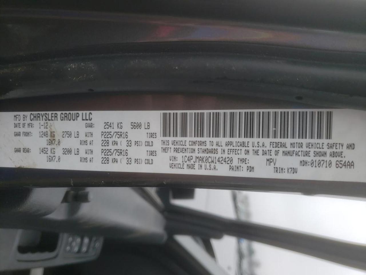 Photo 10 from auction – 2012 JEEP LIBERTY SP with VIN 1C4PJMAK0CW142420