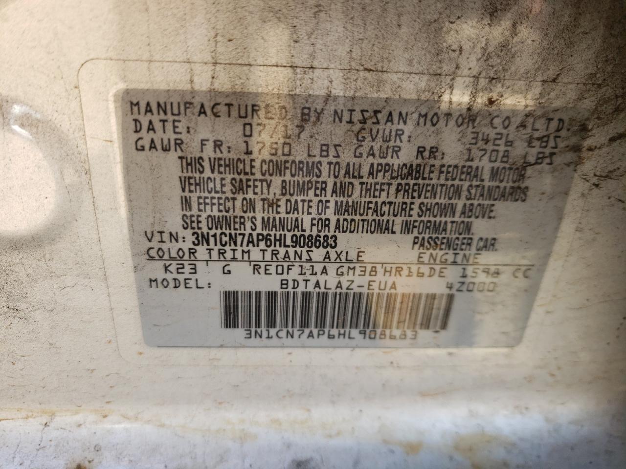 Photo 10 from auction – 2017 NISSAN VERSA S with VIN 3N1CN7AP6HL908683