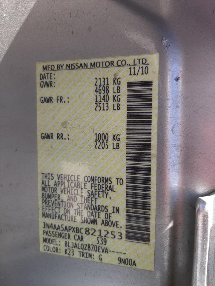 Photo 10 from auction – 2011 NISSAN MAXIMA S with VIN 1N4AA5APXBC821253