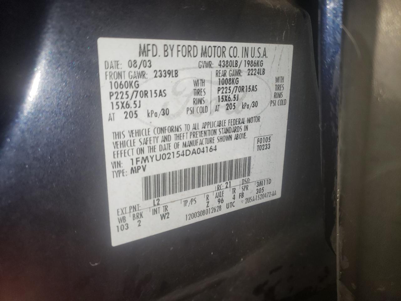 Photo 10 from auction – 2004 FORD ESCAPE XLS with VIN 1FMYU02154DA04164