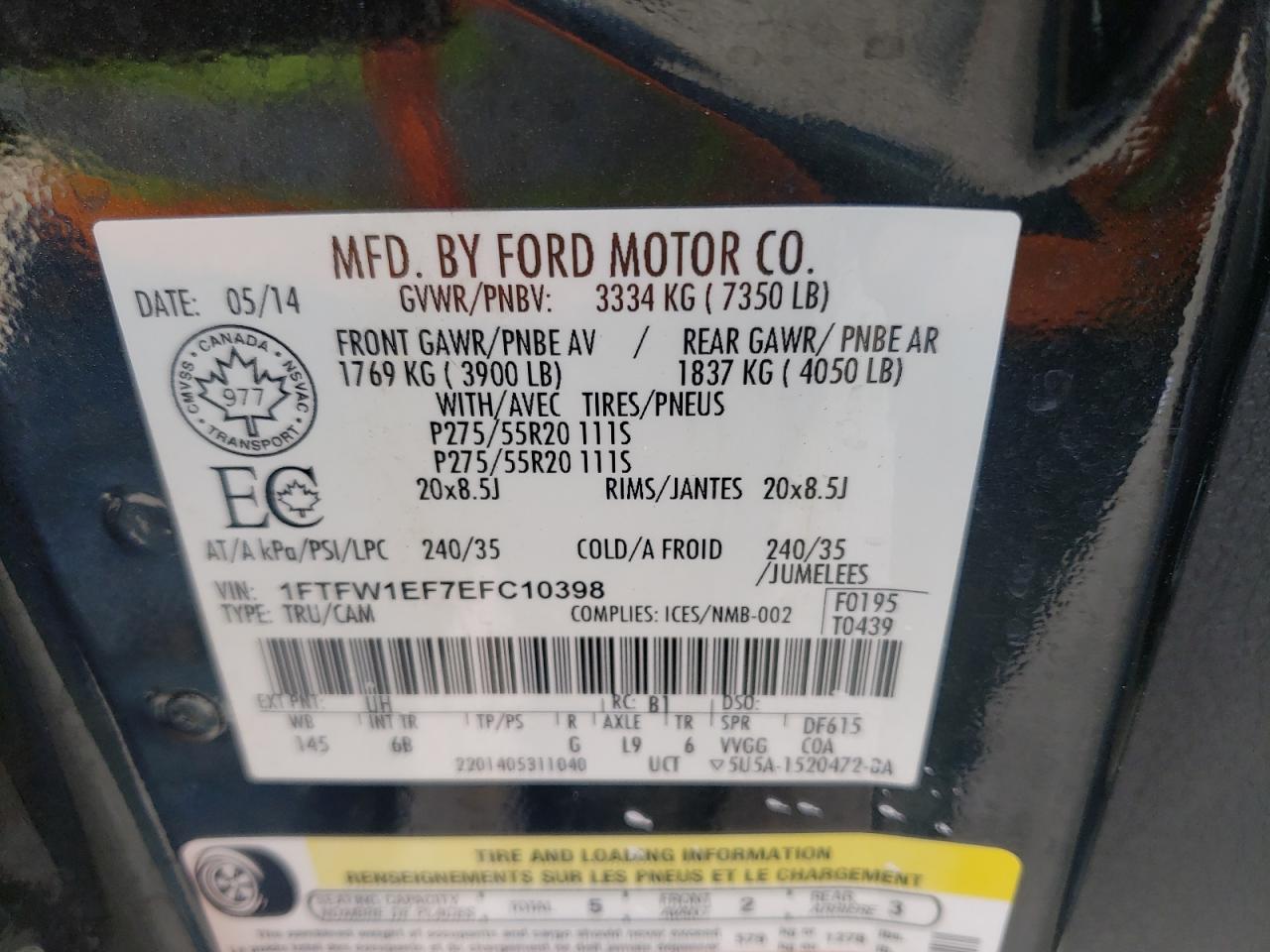 Photo 10 from auction – 2014 FORD F150 SUPER with VIN 1FTFW1EF7EFC10398