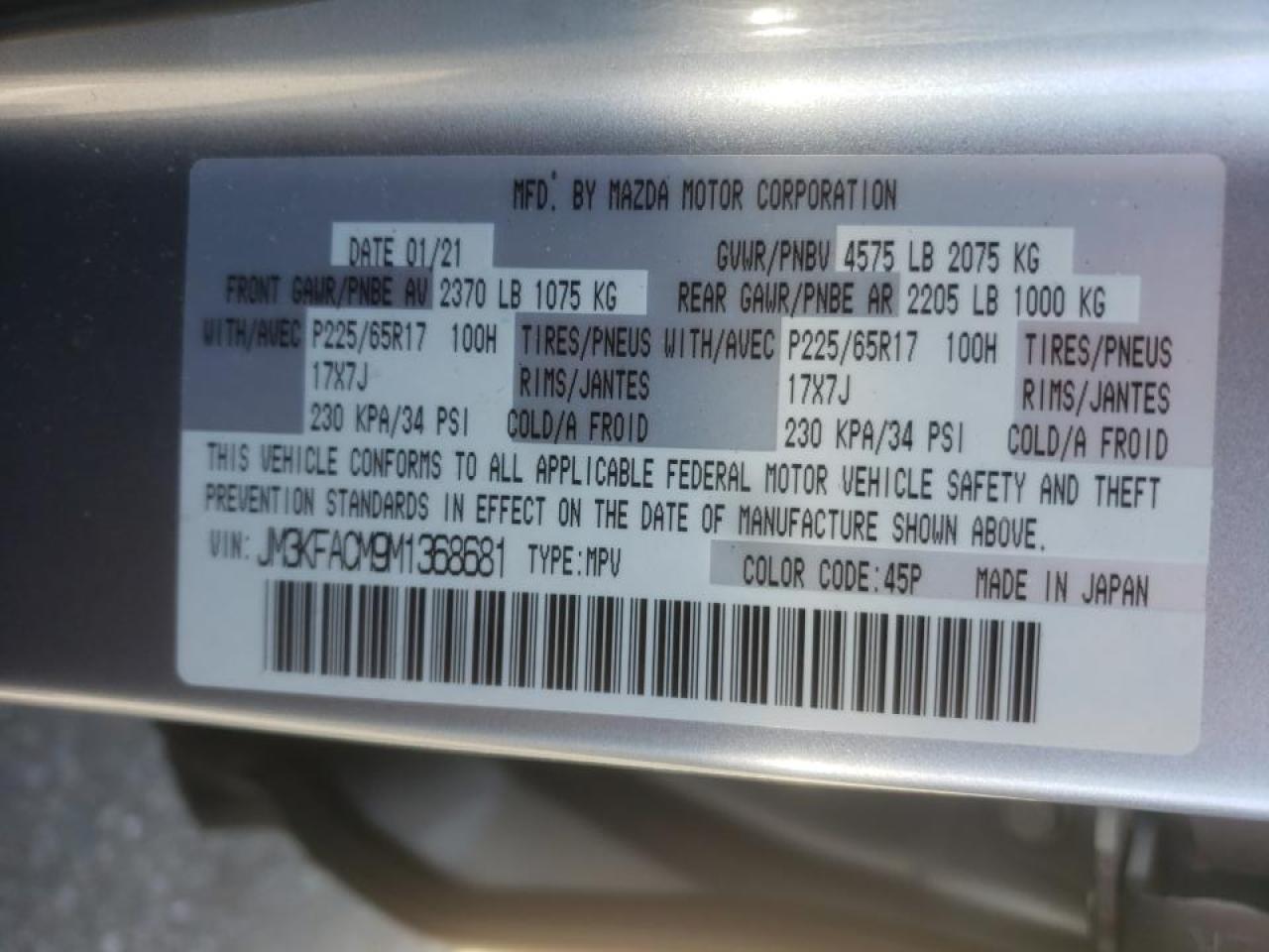 Photo 10 from auction – 2021 MAZDA CX-5 TOURI with VIN JM3KFACM9M1368681