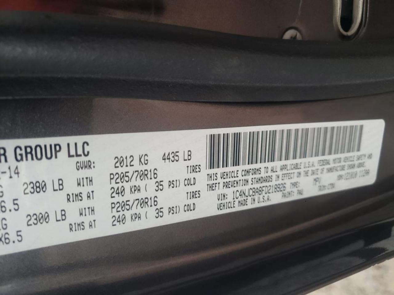 Photo 10 from auction – 2015 JEEP COMPASS SP with VIN 1C4NJCBA8FD218926