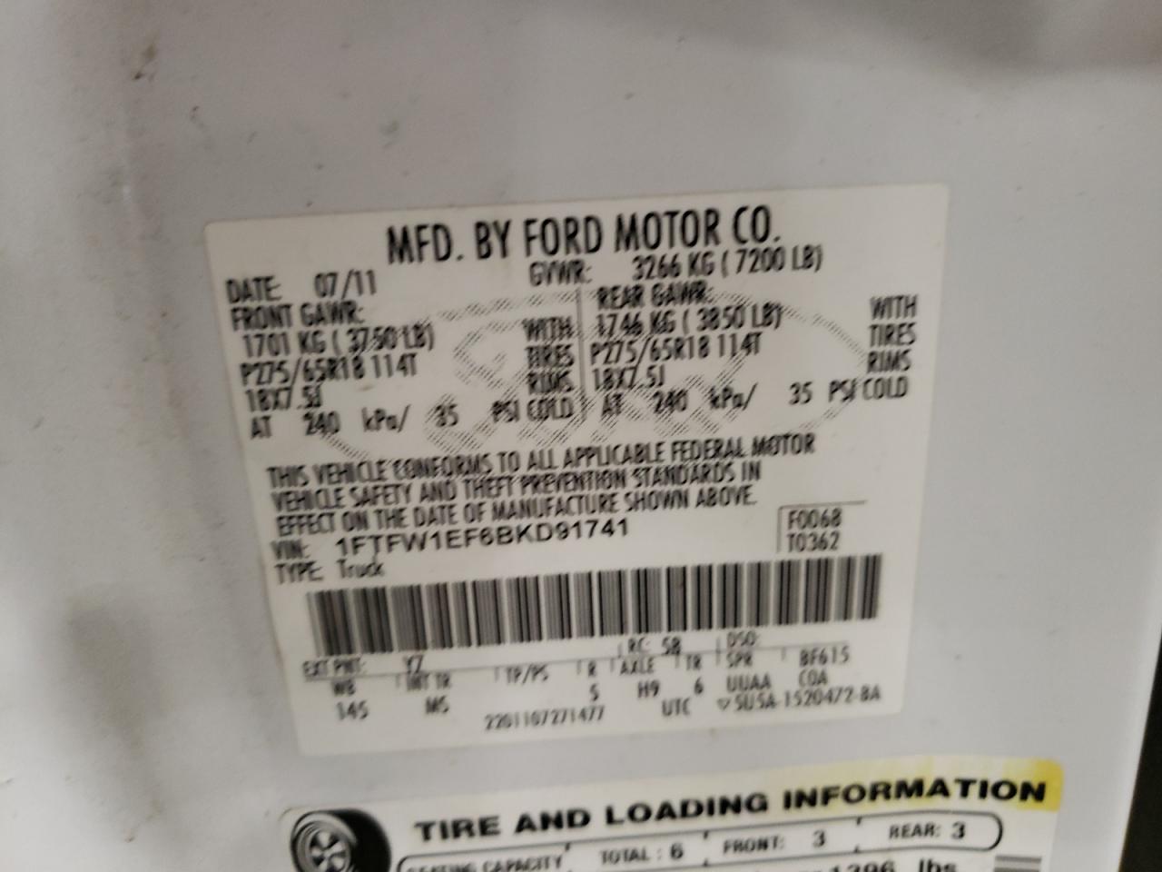 Photo 10 from auction – 2011 FORD F150 SUPER with VIN 1FTFW1EF6BKD91741