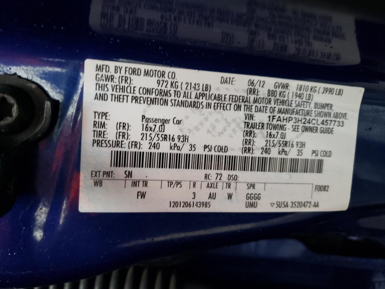 Photo 10 from auction – 2012 FORD FOCUS SEL with VIN 1FAHP3H24CL457733