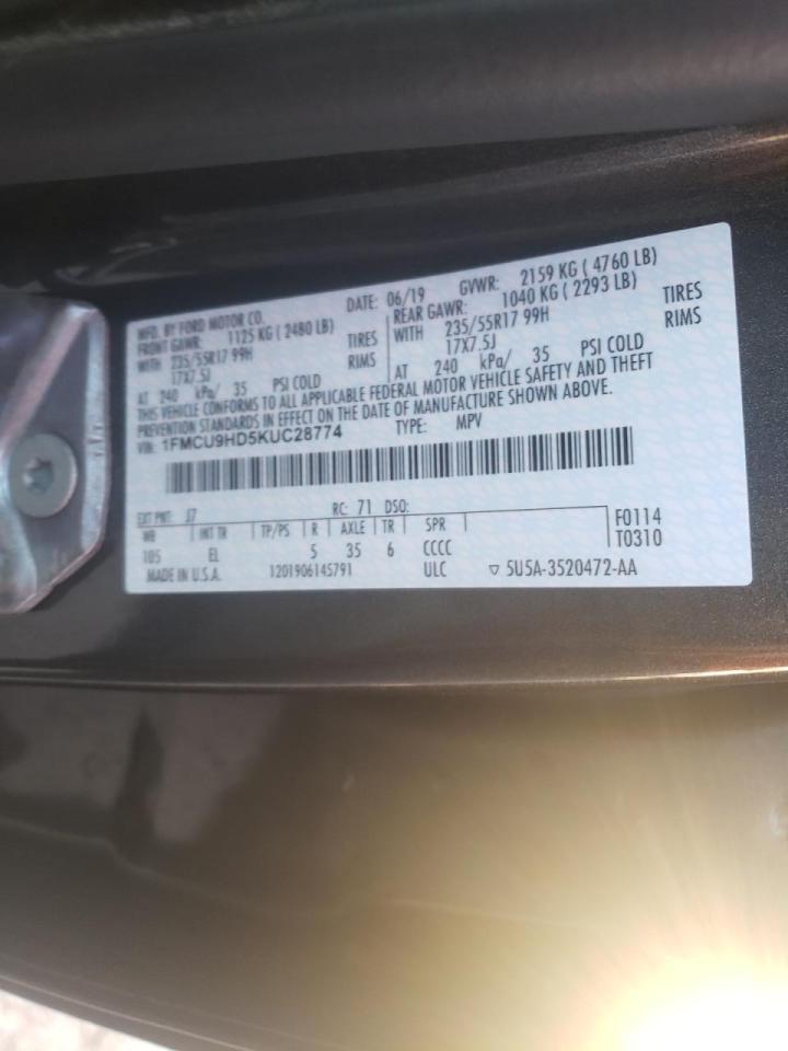Photo 10 from auction – 2019 FORD ESCAPE SEL with VIN 1FMCU9HD5KUC28774