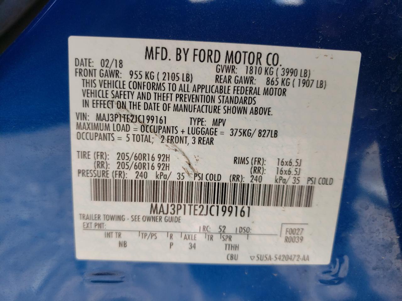 Photo 10 from auction – 2018 FORD ECOSPORT S with VIN MAJ3P1TE2JC199161