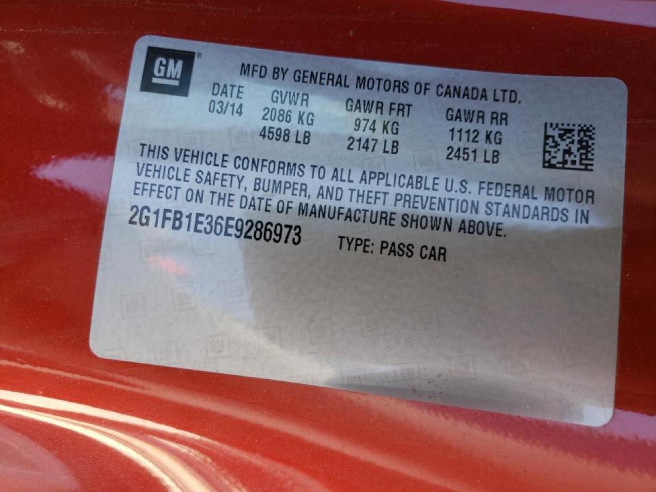Photo 10 from auction – 2014 CHEVROLET CAMARO LT with VIN 2G1FB1E36E9286973