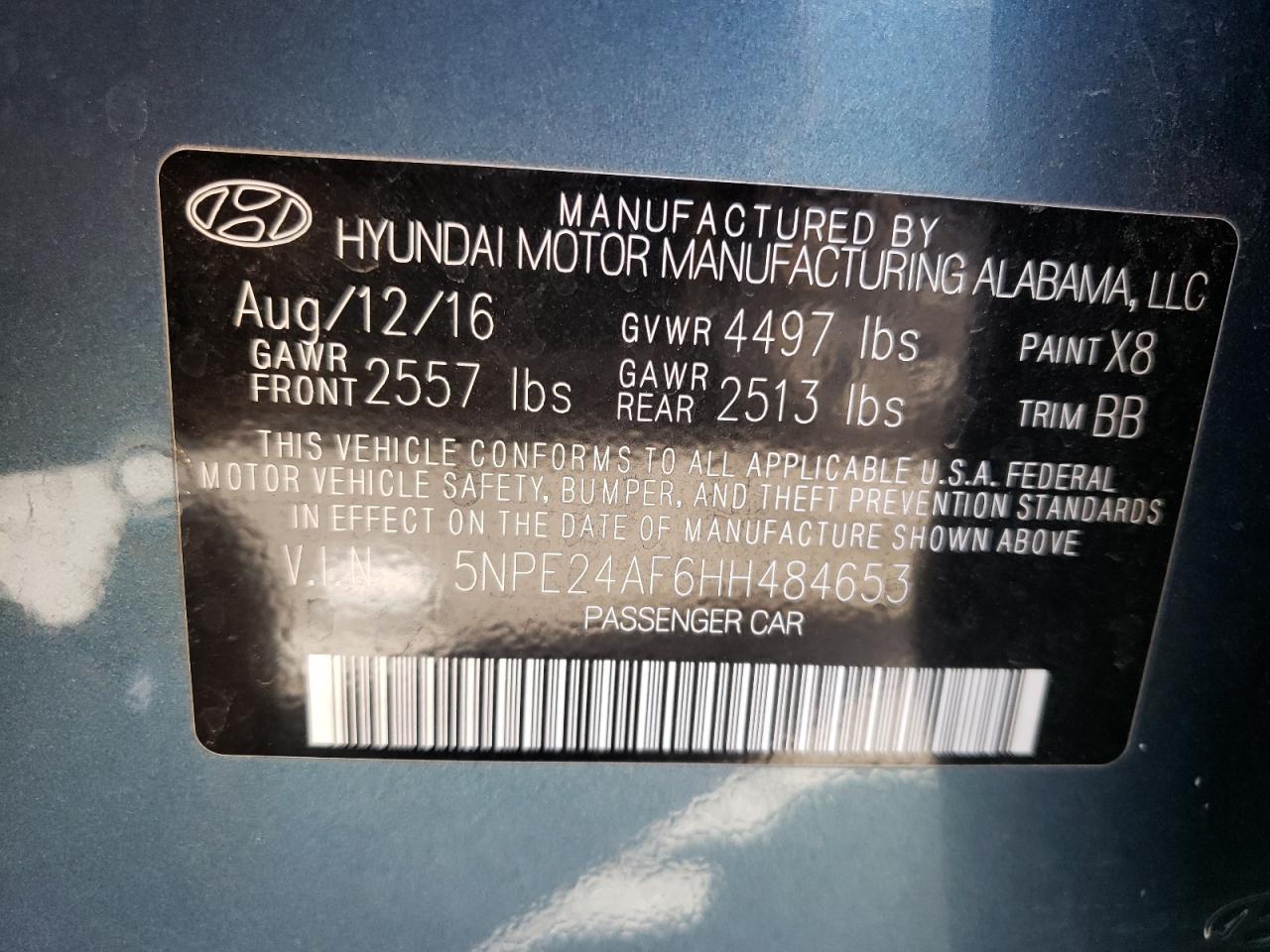 Photo 10 from auction – 2017 HYUNDAI SONATA SE with VIN 5NPE24AF6HH484653