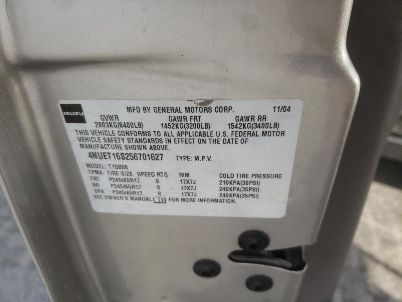 Photo 10 from auction – 2005 ISUZU ASCENDER S with VIN 4NUET16S256701627