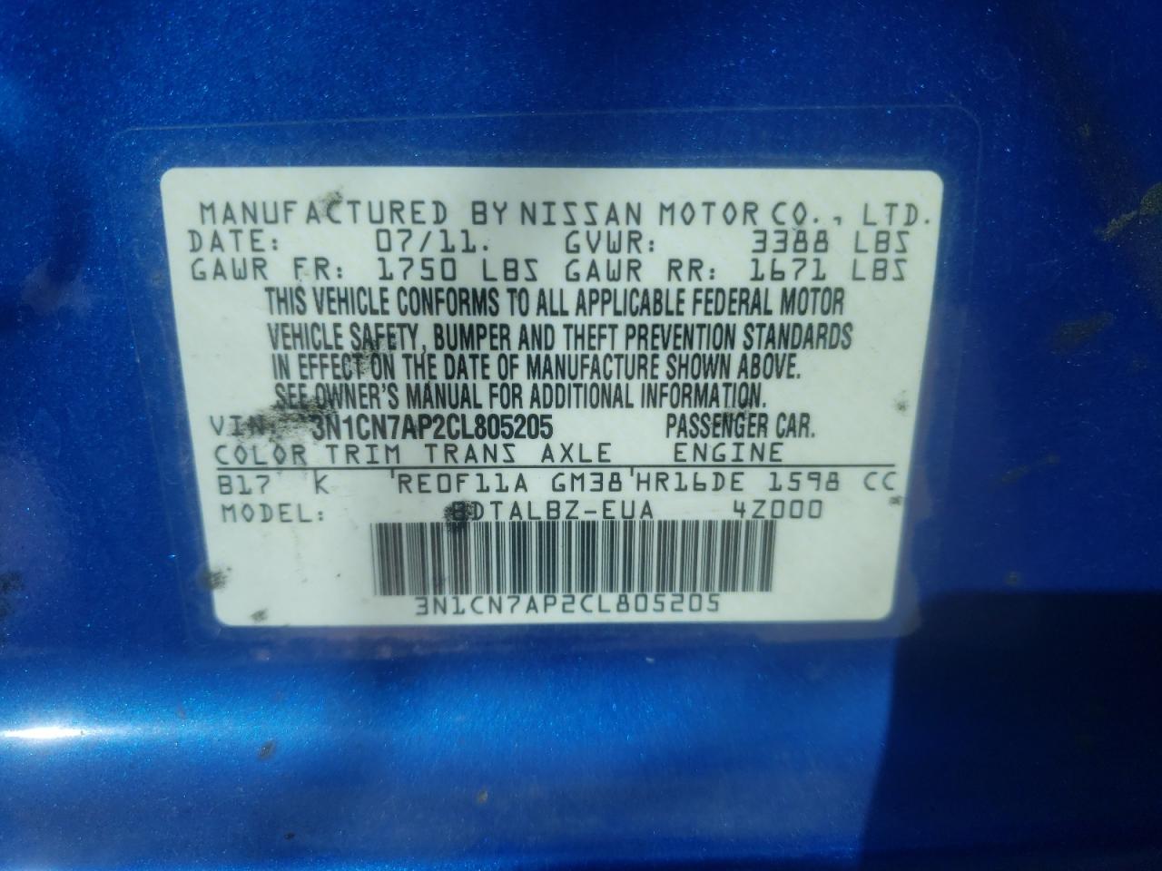 Photo 10 from auction – 2012 NISSAN VERSA S with VIN 3N1CN7AP2CL805205