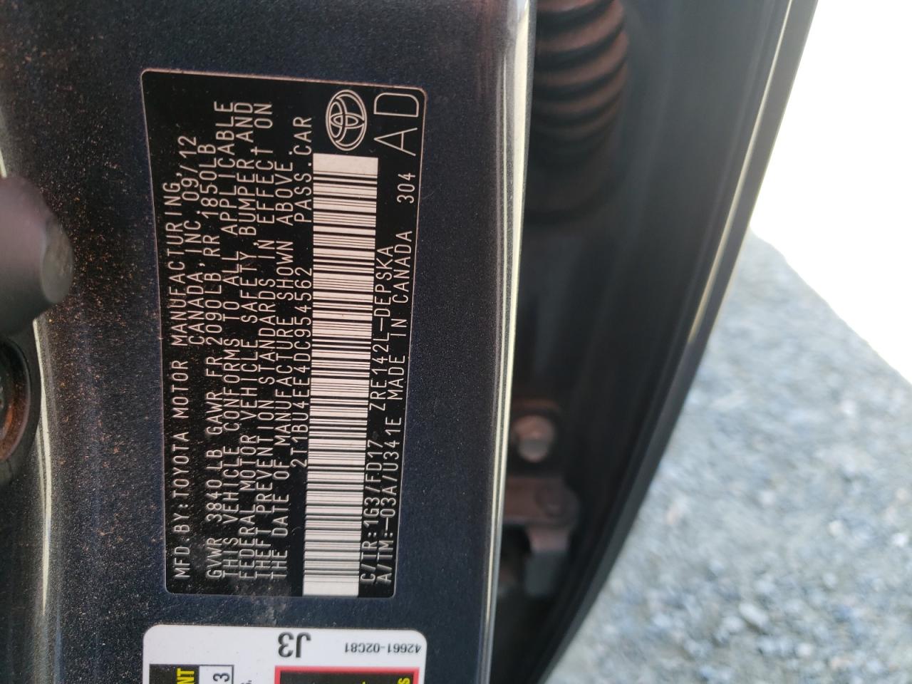 Photo 10 from auction – 2013 TOYOTA COROLLA with VIN 2T1BU4EE4DC954562
