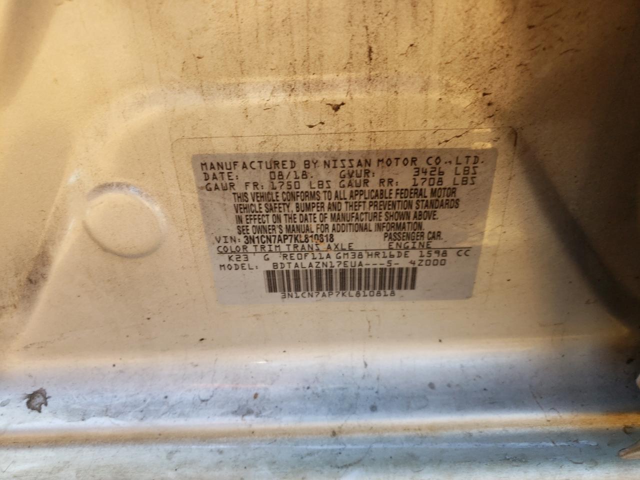 Photo 10 from auction – 2019 NISSAN VERSA S with VIN 3N1CN7AP7KL810818