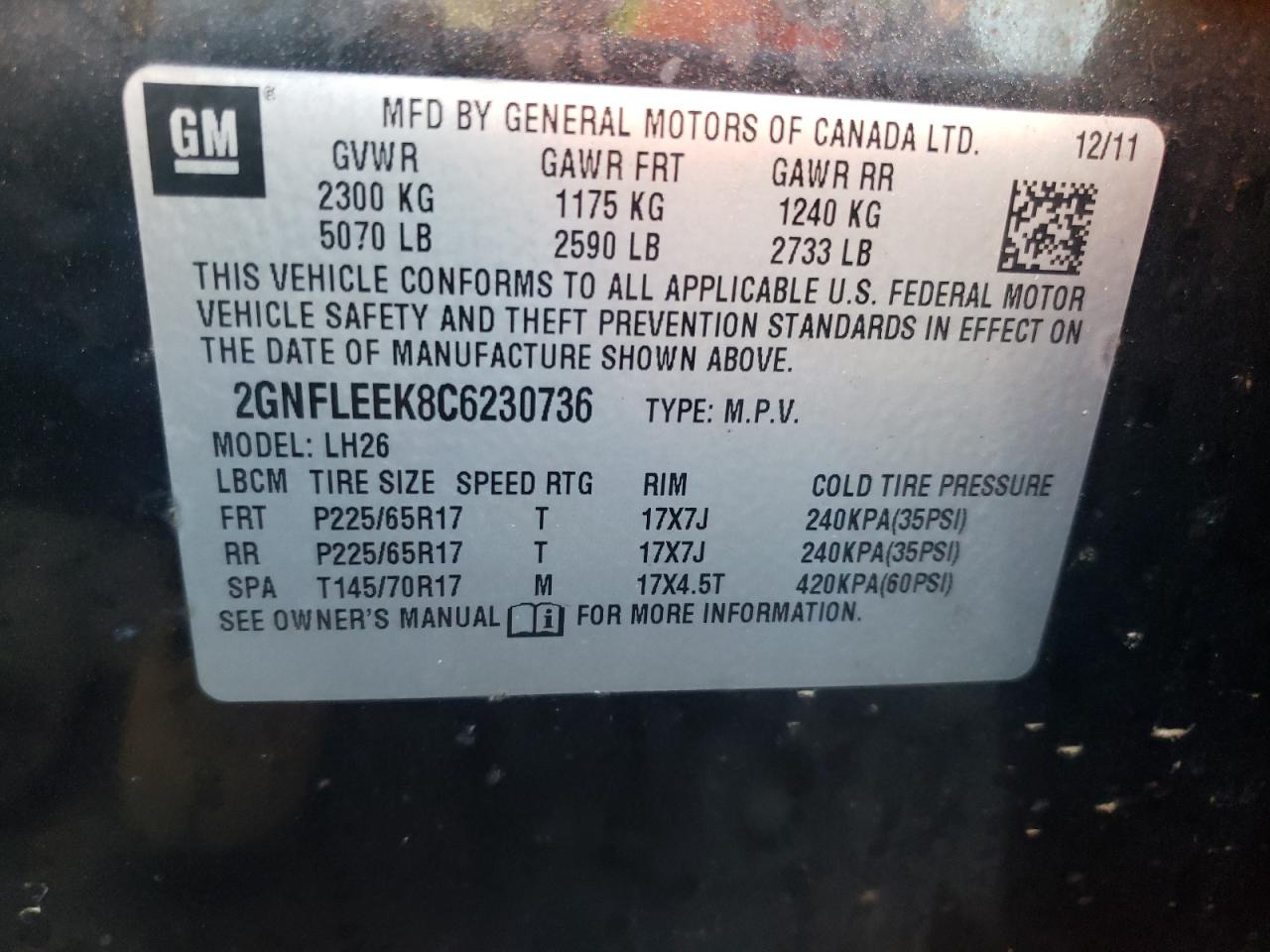 Photo 10 from auction – 2012 CHEVROLET EQUINOX LT with VIN 2GNFLEEK8C6230736