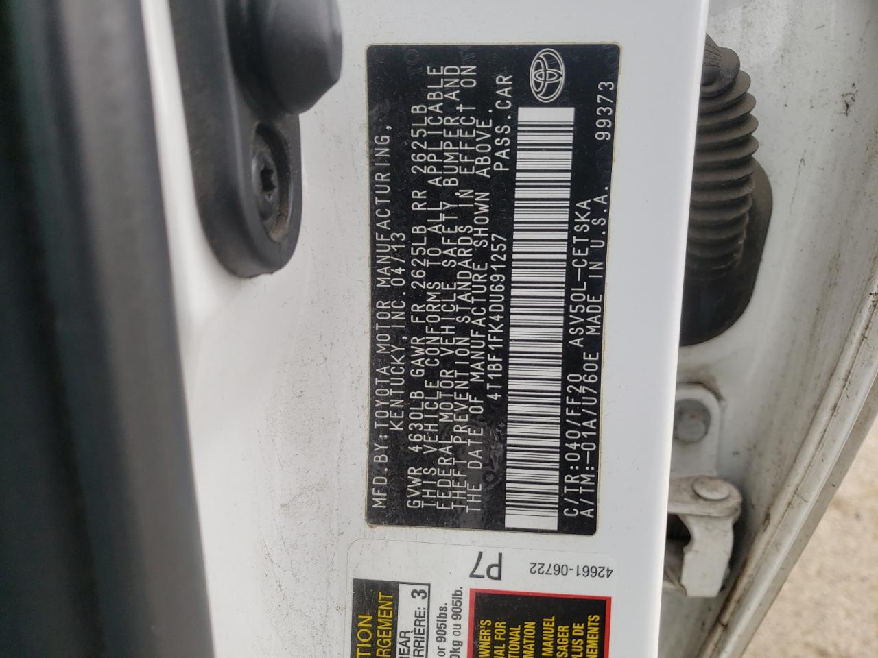Photo 10 from auction – 2013 TOYOTA CAMRY L with VIN 4T1BF1FK4DU691257