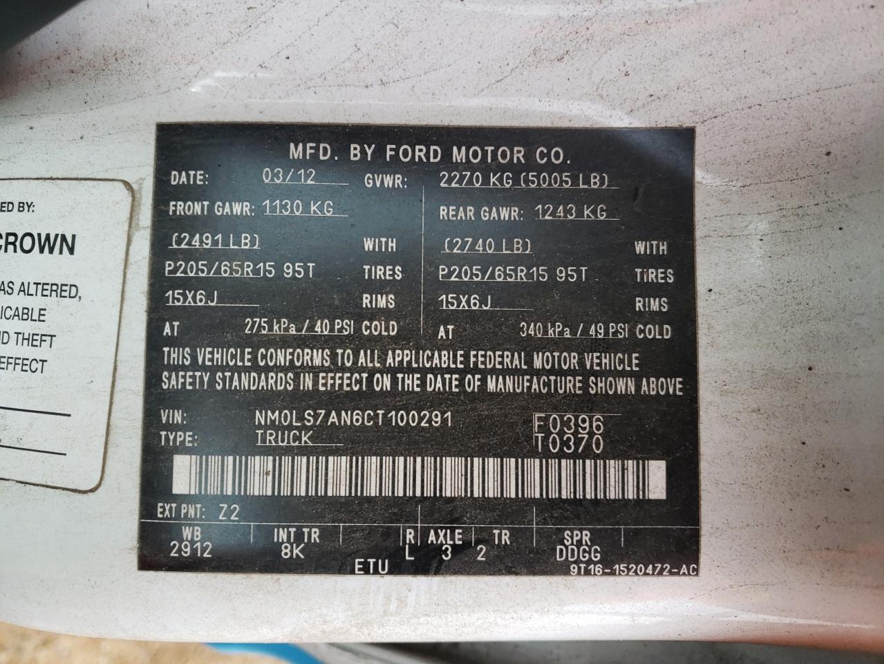 صورة رقم 10 من المزاد - 2012 FORD TRANSIT CO مع VIN NM0LS7AN6CT100291