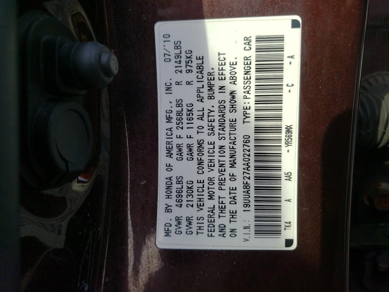 Photo 10 from auction – 2010 ACURA TL with VIN 19UUA8F27AA022760
