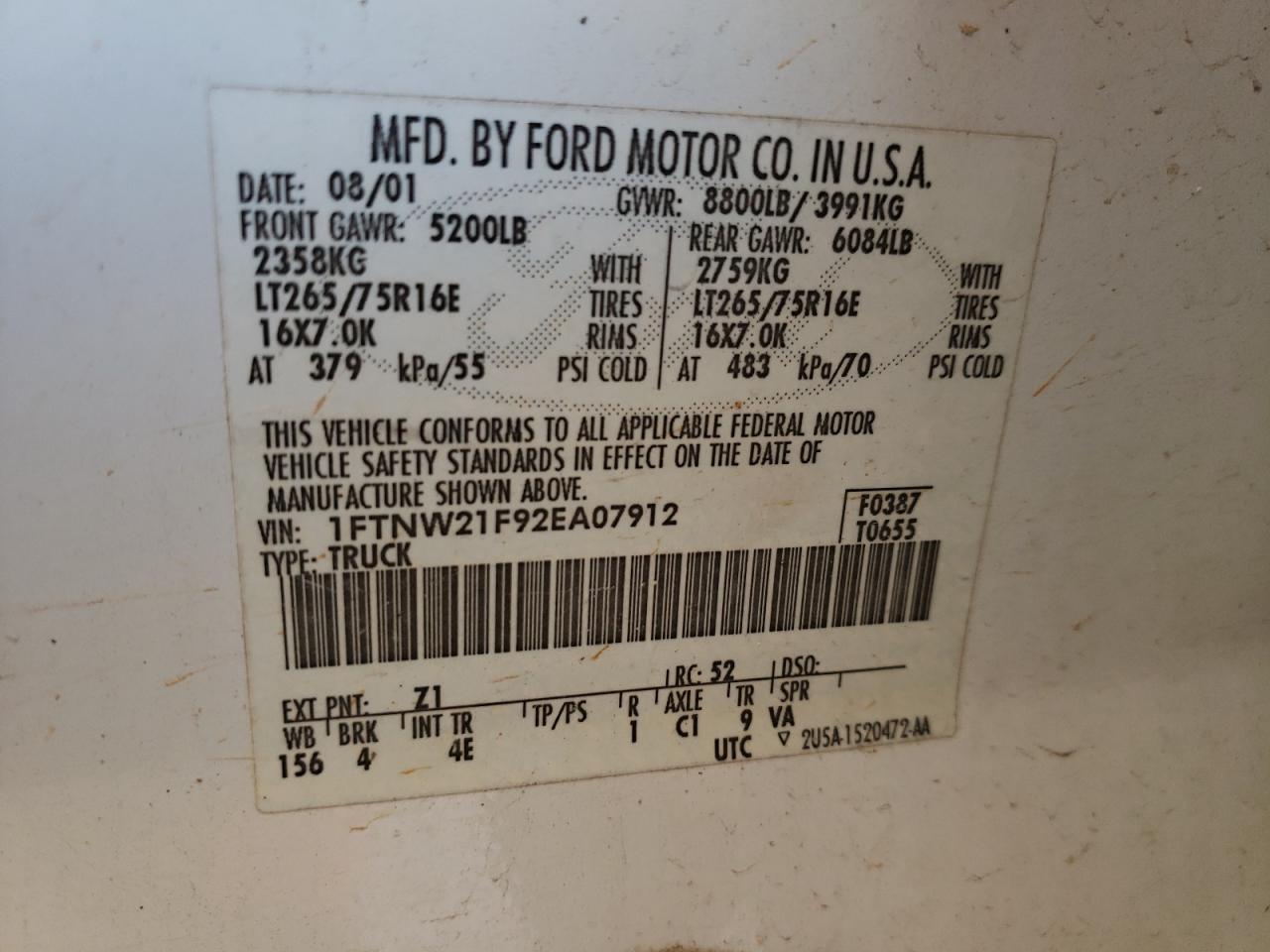 Photo 10 from auction – 2002 FORD F250 SUPER with VIN 1FTNW21F92EA07912