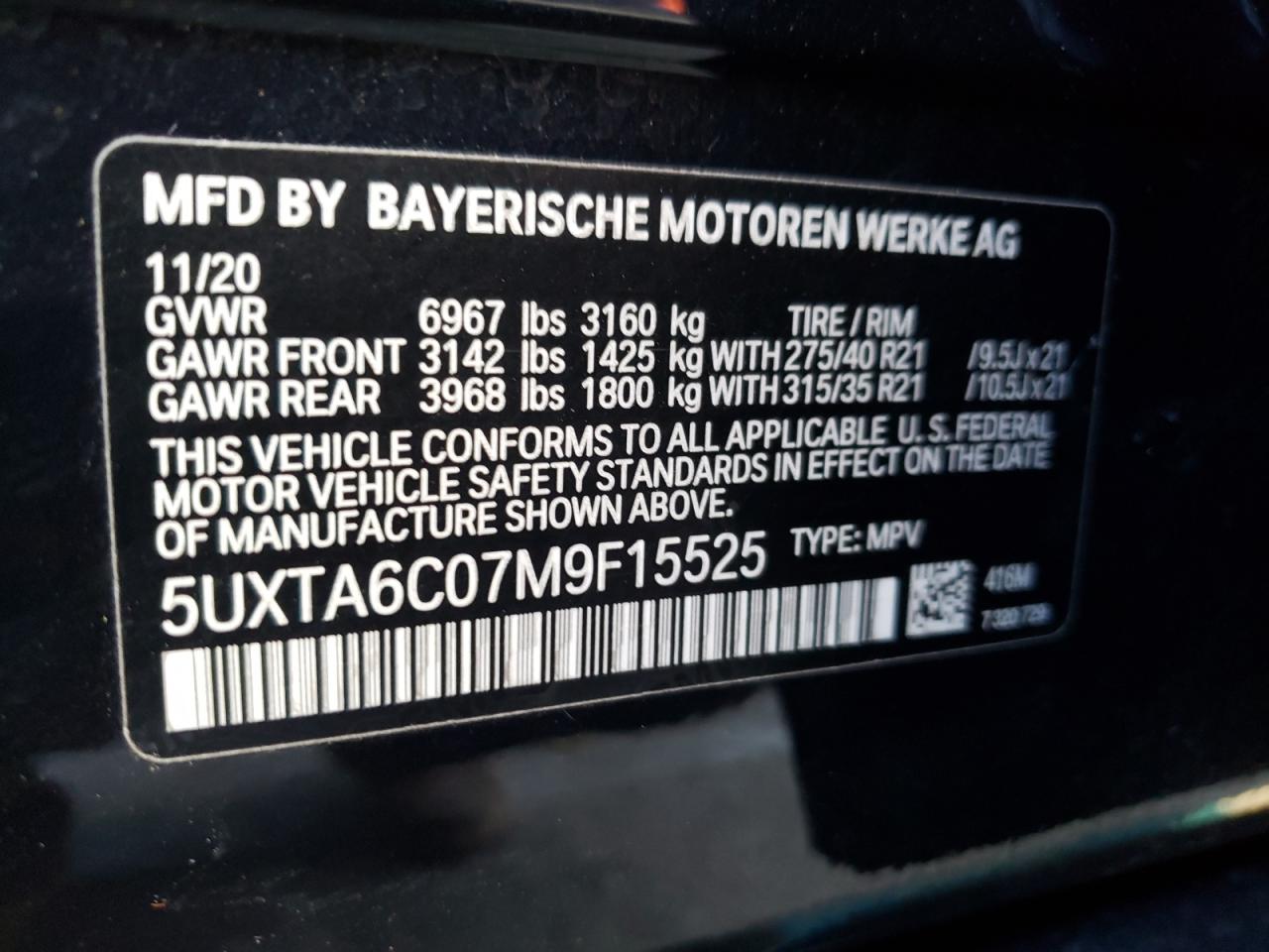 Photo 10 from auction – 2021 BMW X5 XDRIVE4 with VIN 5UXTA6C07M9F15525
