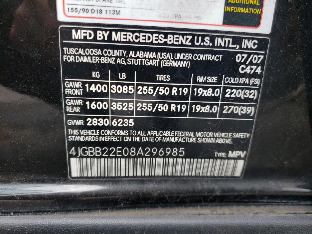 Photo 10 from auction – 2008 MERCEDES-BENZ ML 320 CDI with VIN 4JGBB22E08A296985