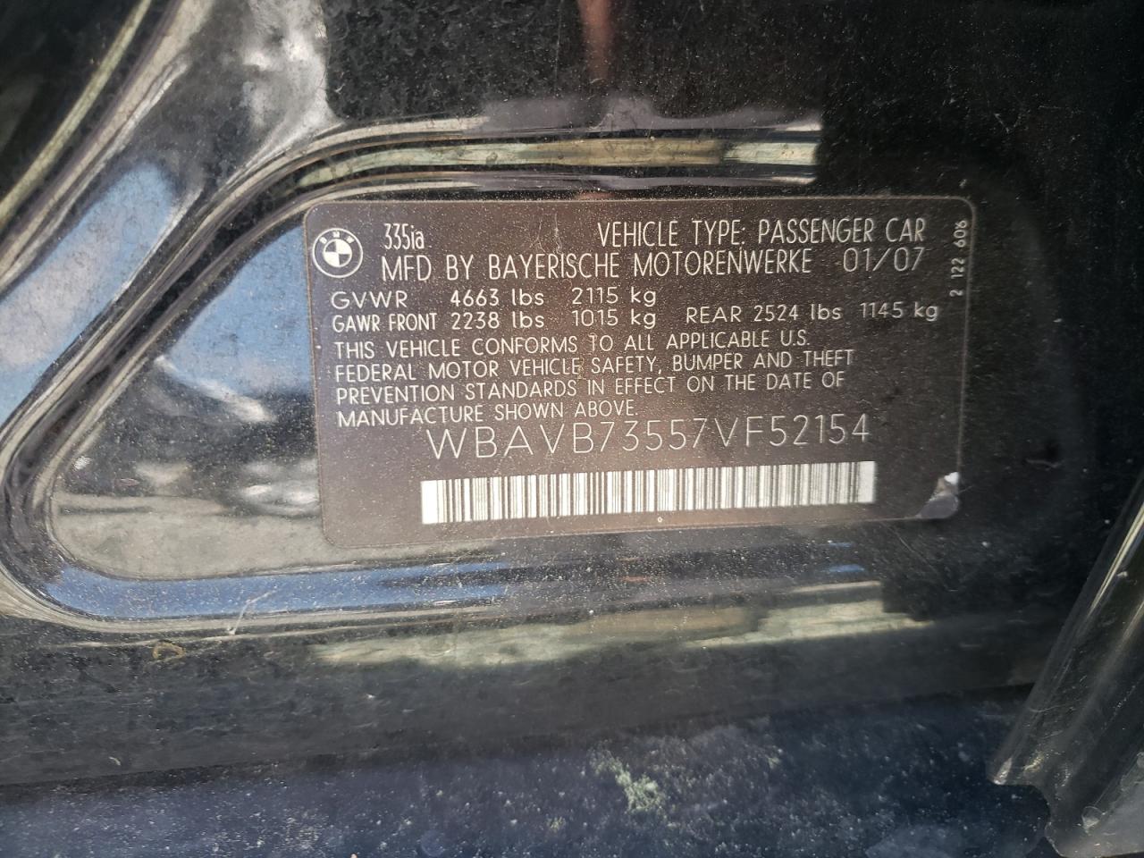 Photo 10 from auction – 2007 BMW 335 I with VIN WBAVB73557VF52154