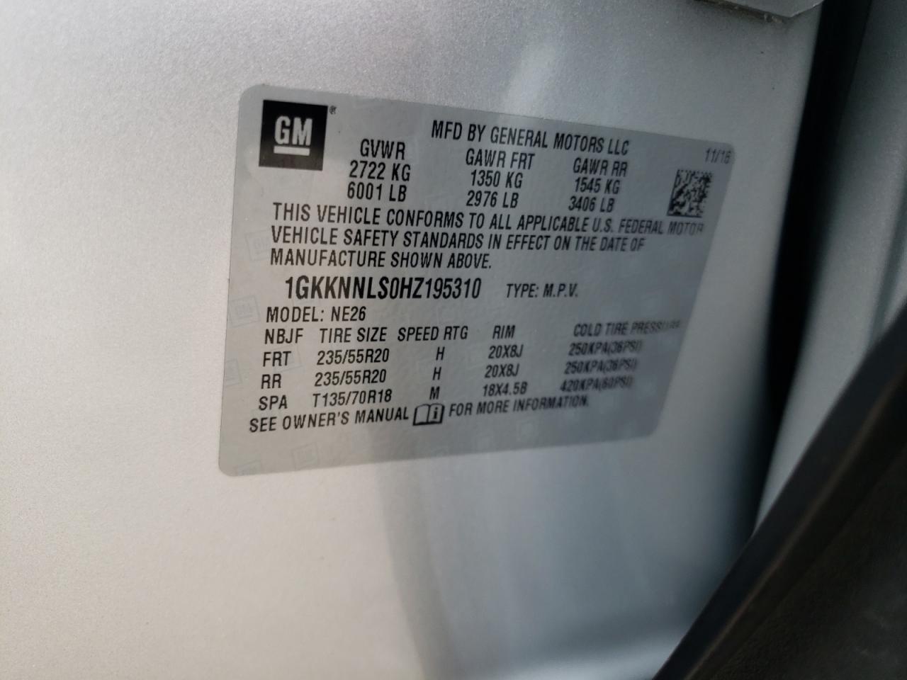 Photo 10 from auction – 2017 GMC ACADIA SLT with VIN 1GKKNNLS0HZ195310