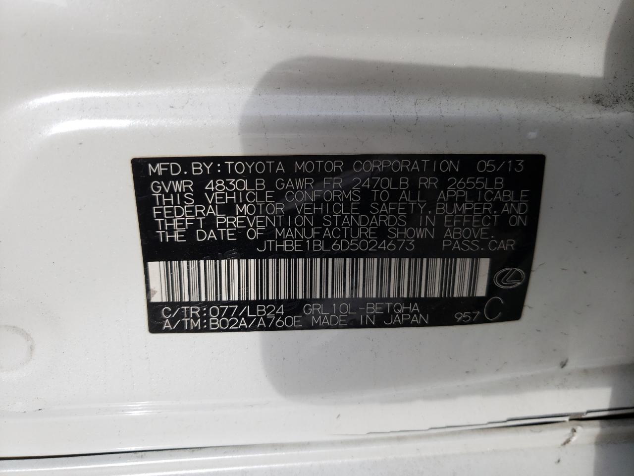 Photo 10 from auction – 2013 LEXUS GS 350 with VIN JTHBE1BL6D5024673