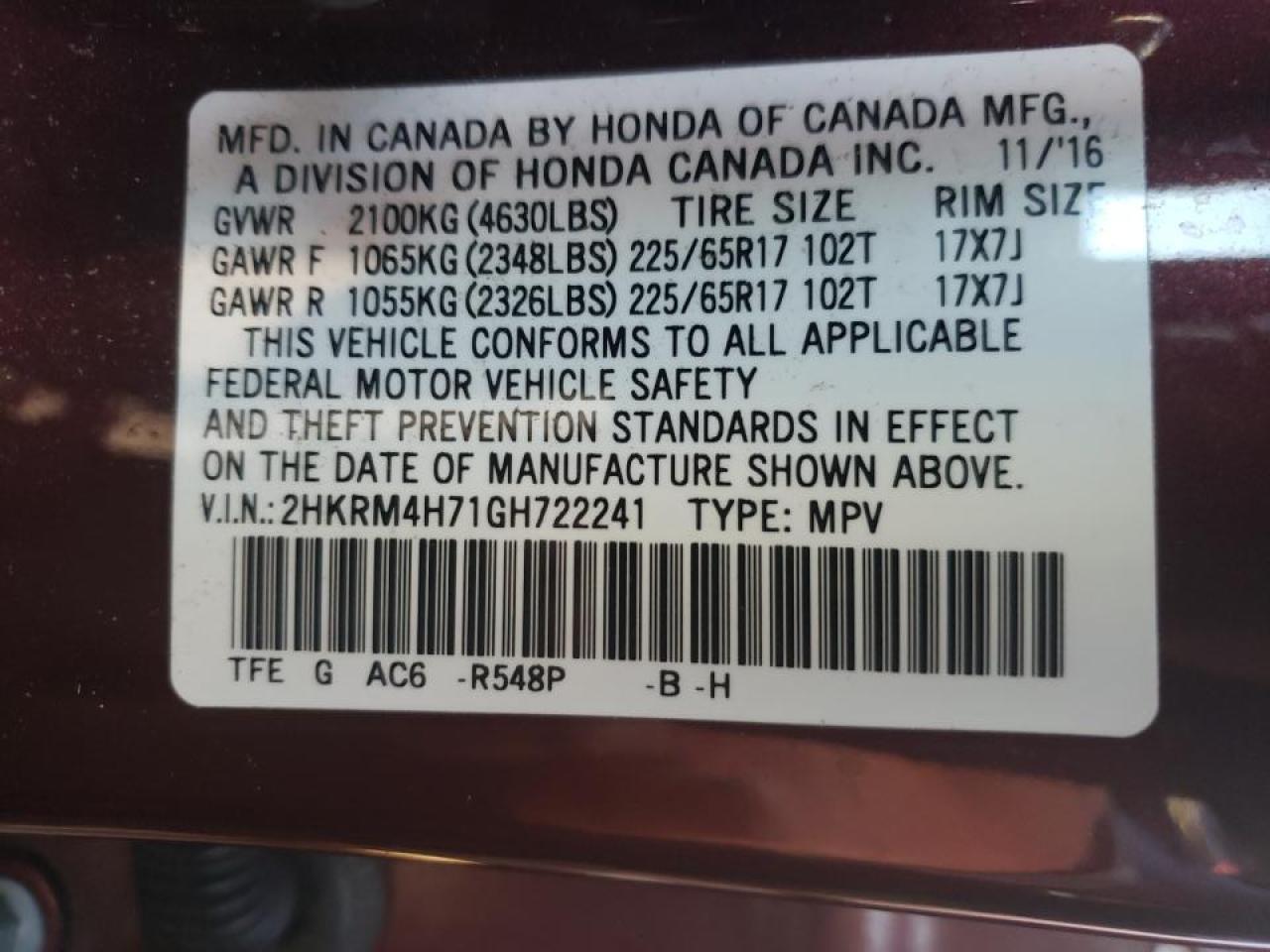 Photo 10 from auction – 2016 HONDA CR-V EXL with VIN 2HKRM4H71GH722241