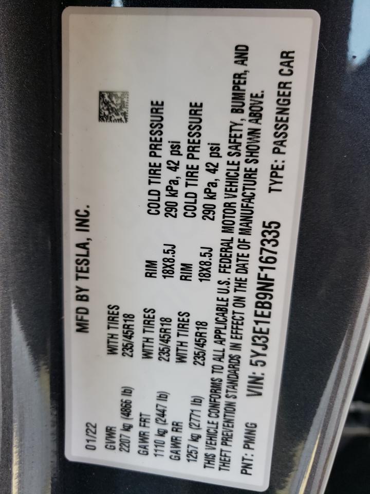 Photo 10 from auction – 2022 TESLA MODEL 3 with VIN 5YJ3E1EB9NF167335