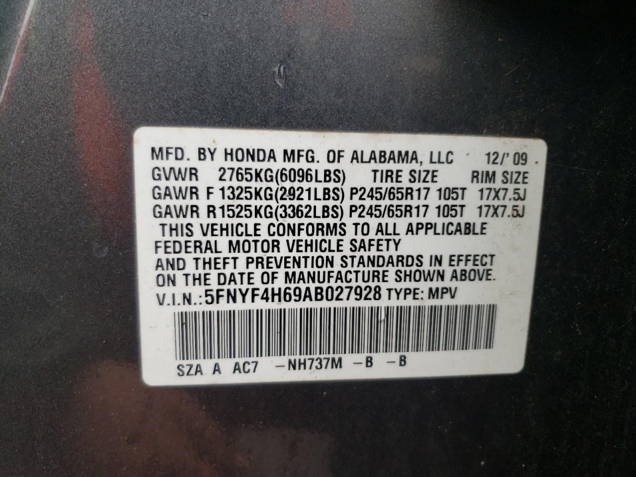Photo 10 from auction – 2010 HONDA PILOT EXL with VIN 5FNYF4H69AB027928