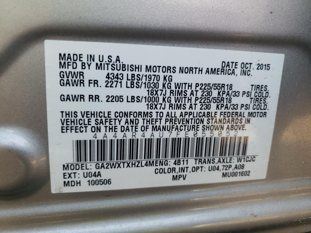 Photo 10 from auction – 2015 MITSUBISHI OUTLANDER with VIN 4A4AR4AU7FE055052