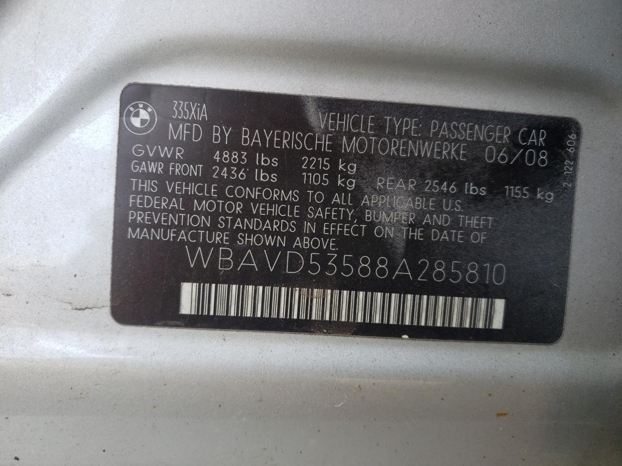Photo 10 from auction – 2008 BMW 335 XI with VIN WBAVD53588A285810