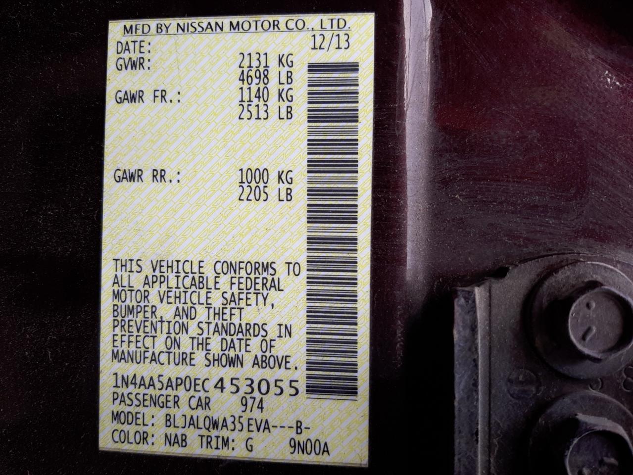 Photo 10 from auction – 2014 NISSAN MAXIMA S with VIN 1N4AA5AP0EC453055