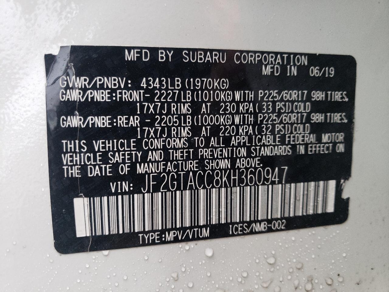 Photo 10 from auction – 2019 SUBARU CROSSTREK with VIN JF2GTACC8KH360947