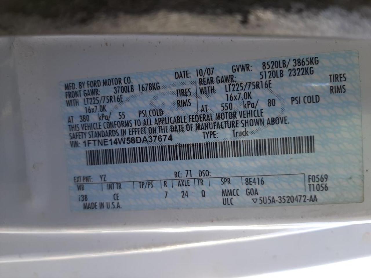 Photo 10 from auction – 2008 FORD ECONOLINE with VIN 1FTNE14W58DA37674