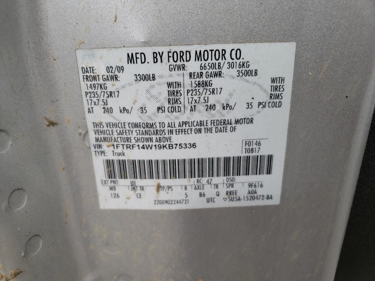 Photo 10 from auction – 2009 FORD F150 with VIN 1FTRF14W19KB75336