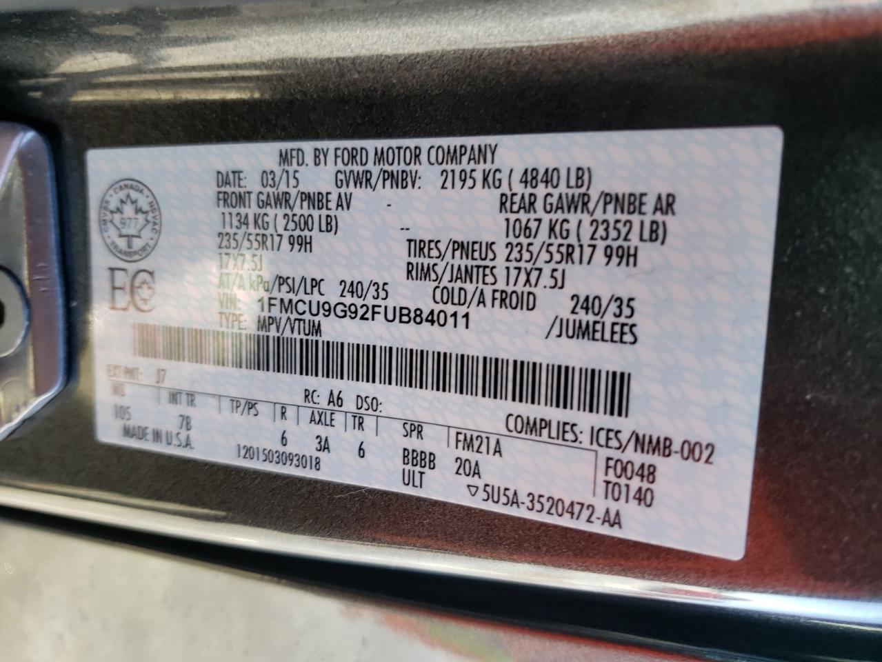 Photo 10 from auction – 2015 FORD ESCAPE SE with VIN 1FMCU9G92FUB84011
