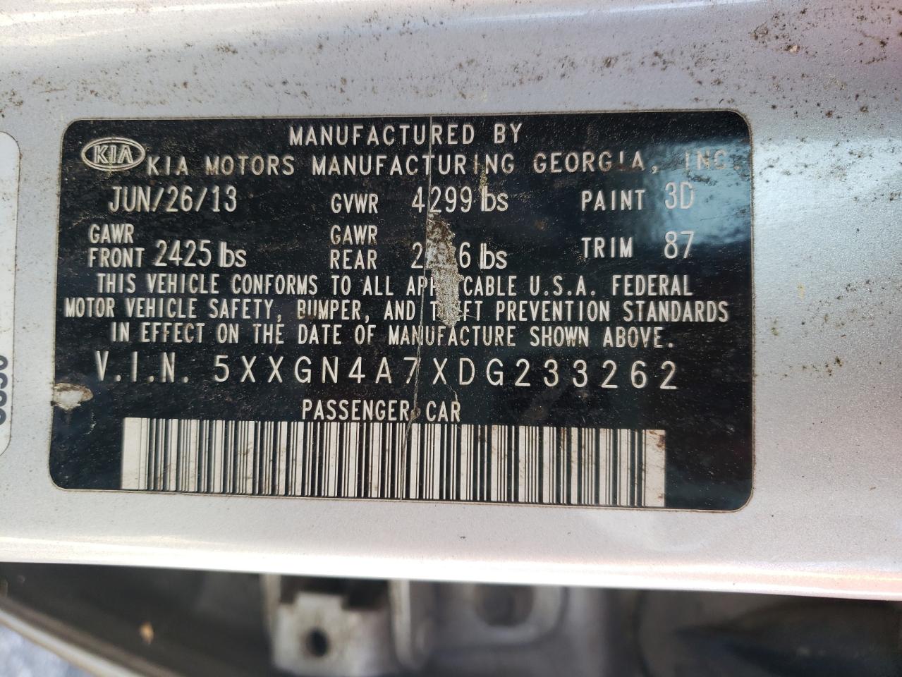 Photo 10 from auction – 2013 KIA OPTIMA with VIN 5XXGN4A7XDG233262